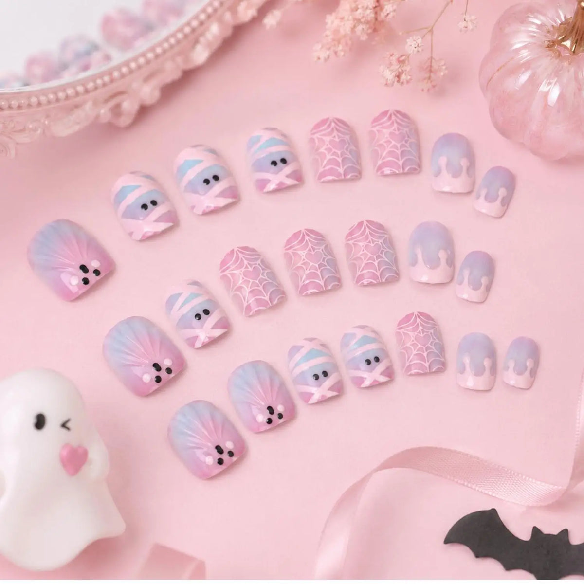 24-Pc Halloween Press-On Nails | Ghost Cat-Eye Spider Web Press-On Nail Set QXL