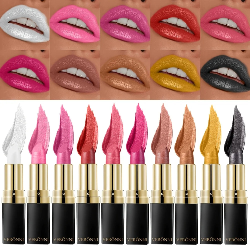 Shimmer Lipstick 10 Shades | Waterproof Long-Lasting Lip Gloss Shimmer Lipstick QXL