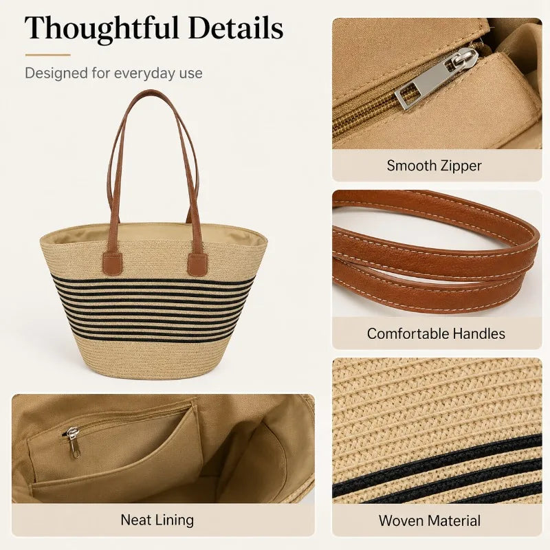 Large Woven Straw Tote Bag | Beach Shoulder Bag Zip Top Woven Straw Tote QXL