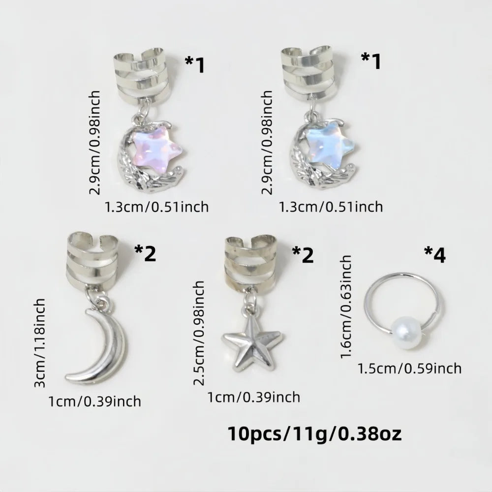 10-Pack Star & Moon Hair Cuffs Braid Rings with Pendants Hair Braid Cuffs QXL