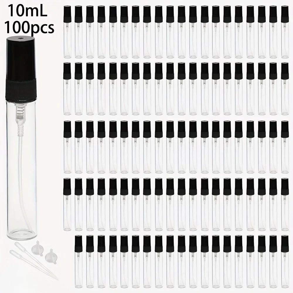 100-Pack 10ml Refillable Glass Spray Bottles with Droppers & Funnels Glass Spray Bottle Set QXL Glass Black Cap 5ml