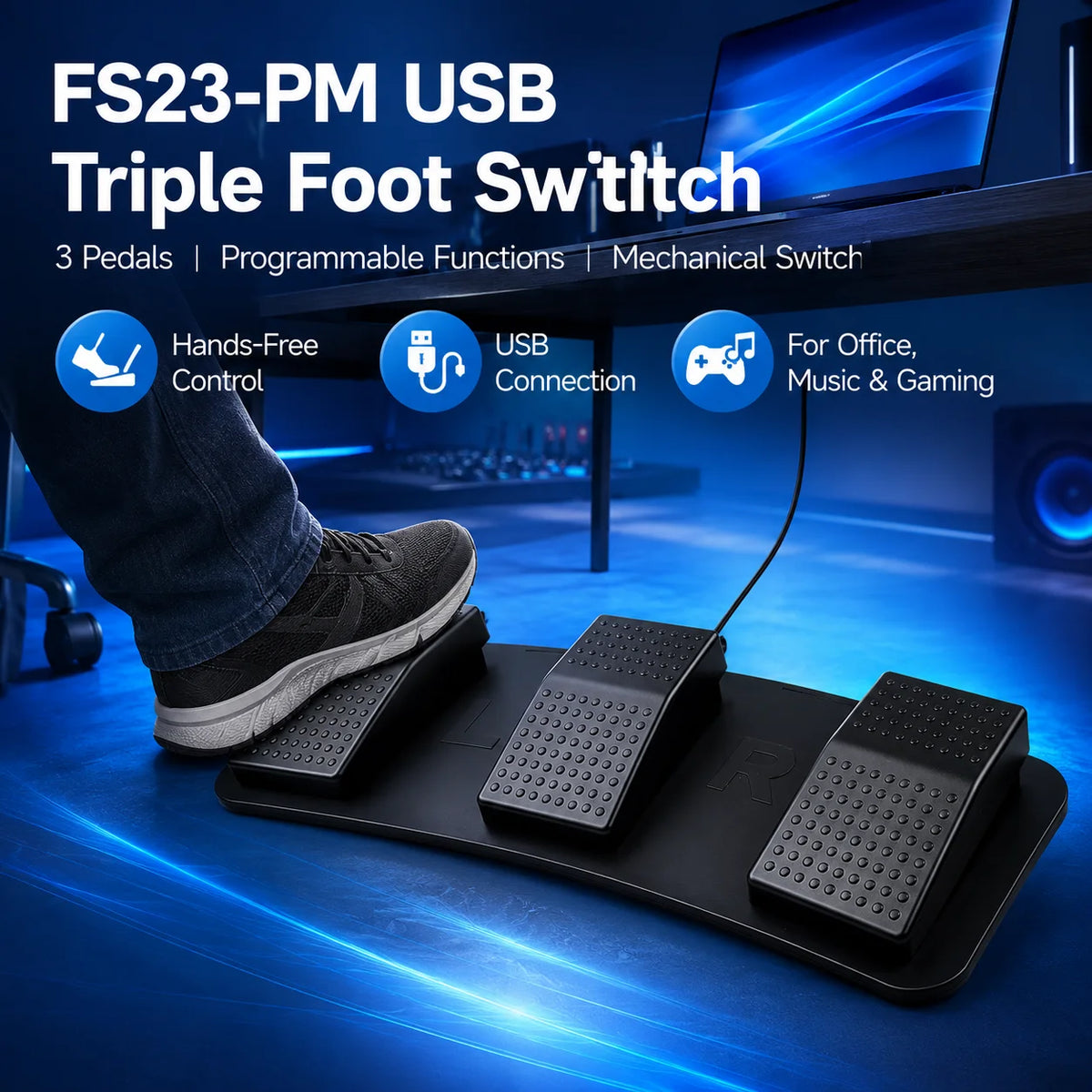 USB Triple Foot Switch Programmable Pedal | 3-Key Mechanical Programmable Foot Pedal QXL