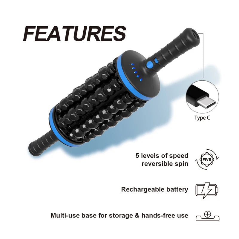 Cordless 360° Rolling Percussive Massage Roller | 8 Heads, 5 Speeds Percussive Body Massager QXL