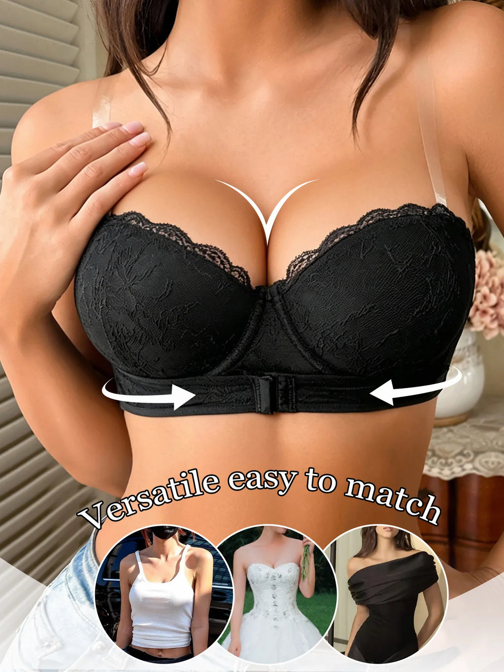 Women's Strapless Push-Up Bra | Front Closure Lace Underwire Strapless Push-Up Bra QXL