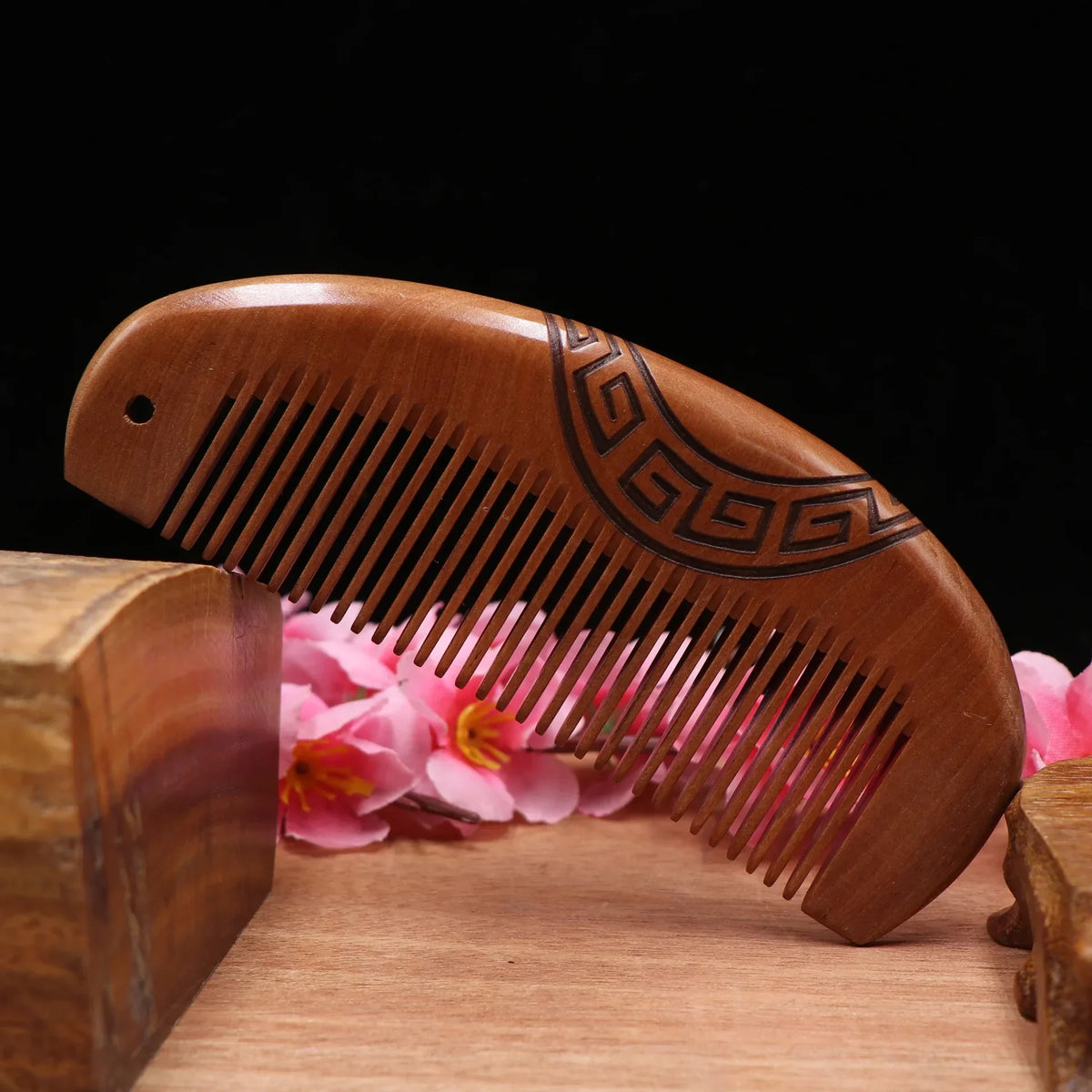 Carved Peach Wood Anti-Static Hair Comb | Gift Idea Wooden Hair Comb QXL