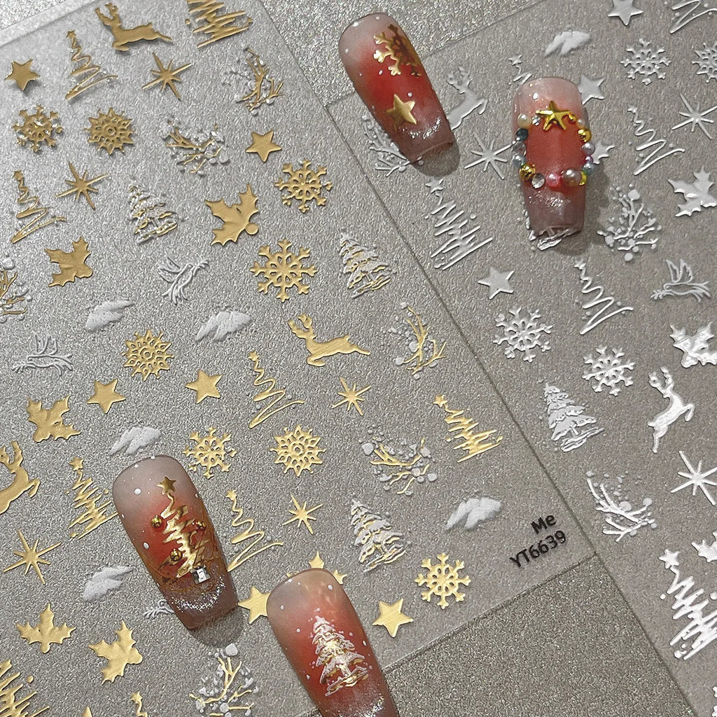 Christmas 5D Gold Foil Nail Stickers – Reindeer & Snowball Nail Art Stickers QXL