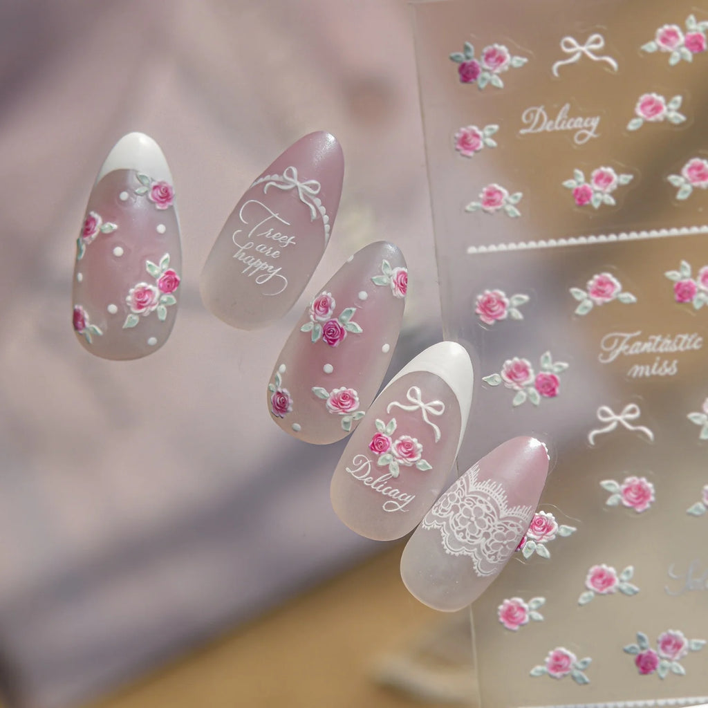 5D Pink Rose Floral Bow Nail Art Stickers | Self-Adhesive Decals Nail Art Stickers QXL