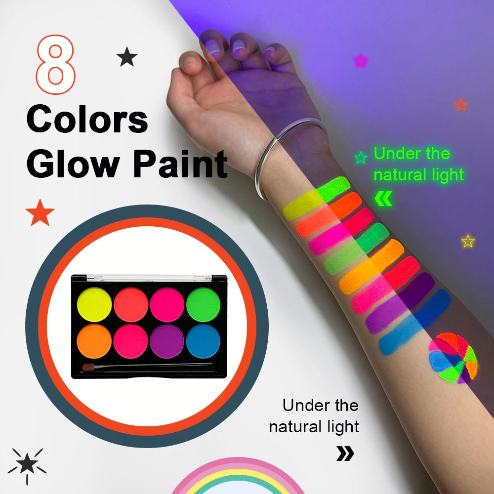 VERONNI 8-Color UV Glow Neon Face & Body Paint Palette UV Face Body Paint QXL