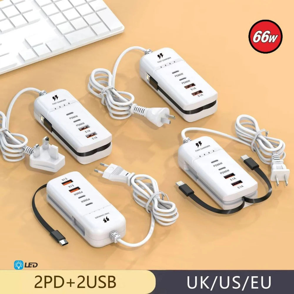 4-Port PD Fast Charger Wall Adapter | USB-C EU US UK Plug USB Wall Charger QXL