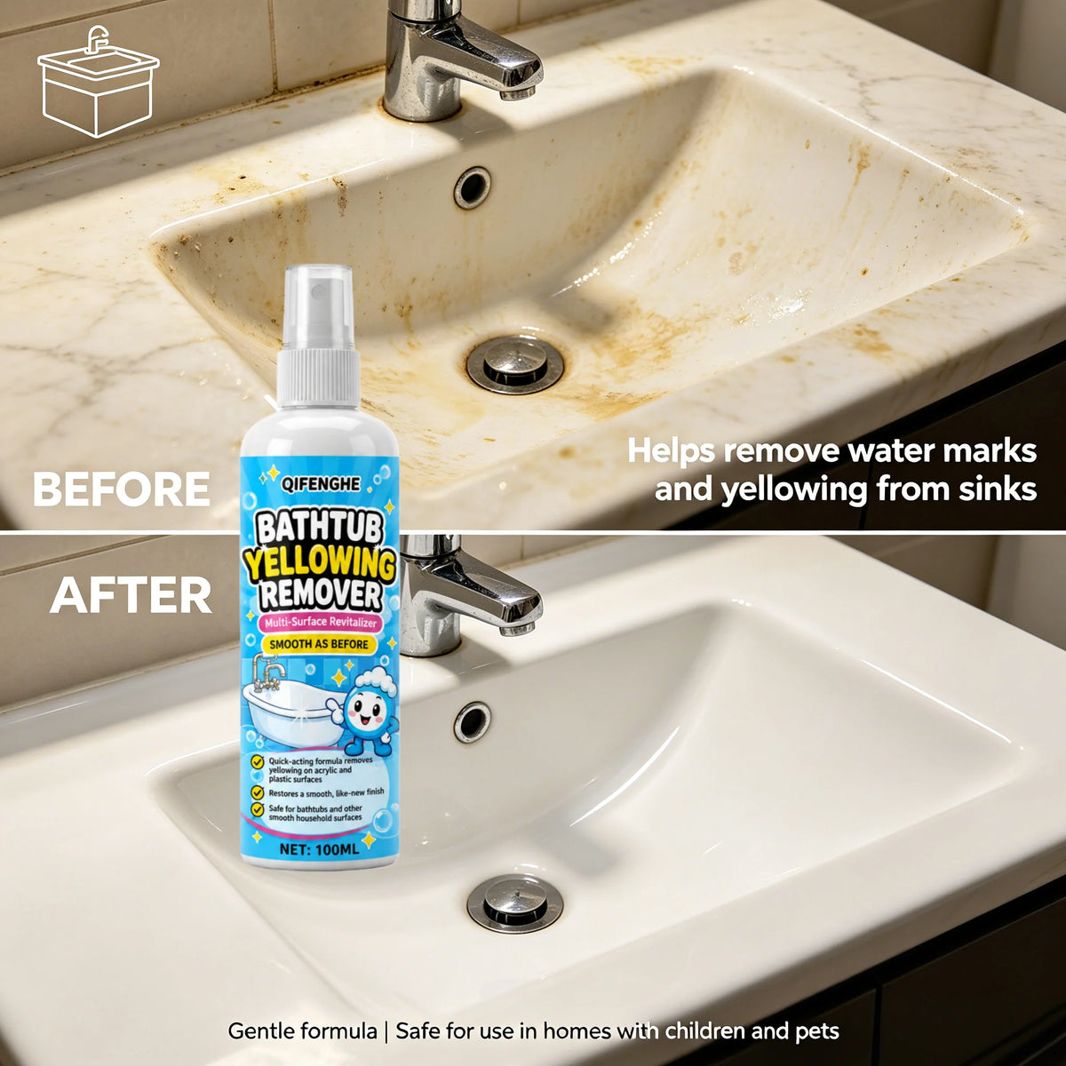 Bathtub Yellowing Remover Spray | Fast-Acting Stain Cleaner Bathroom Stain Remover QXL