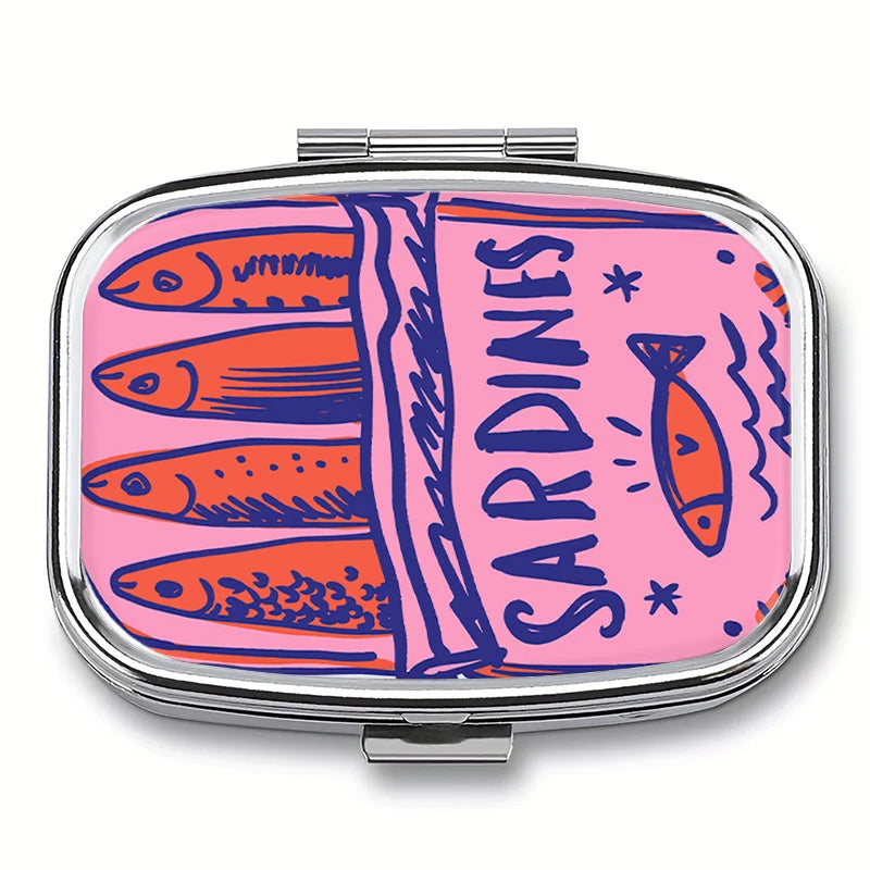Sardines Print Metal Pill Case | 2-Compartment Travel Organizer Pill Case Organizer QXL 1