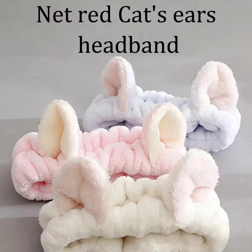 Coral Fleece Cat Ear Headband | Soft Makeup & Face Wash Band Hair Headband QXL