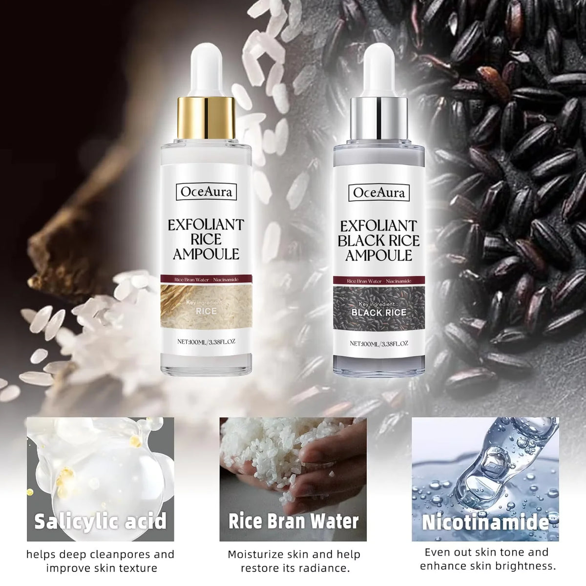 OceAura Rice Exfoliating Brightening Serum | Hyaluronic Acid Exfoliating Face Serum QXL