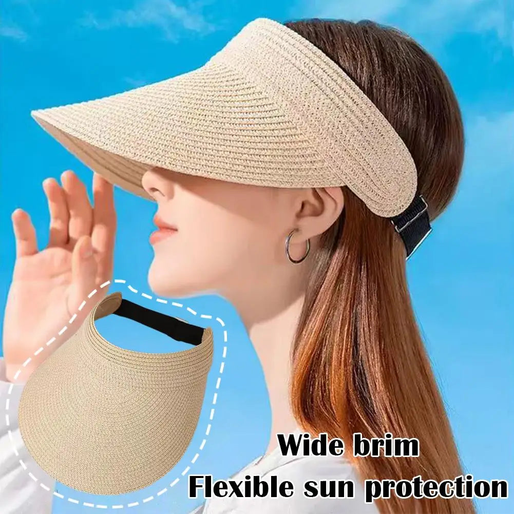 Wide Brim Straw Sun Visor Hat UPF50+ | Adjustable Beach Cap Sun Visor Hat QXL
