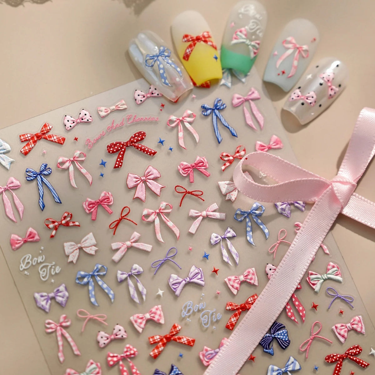 5D Vintage Bow Nail Stickers | Preppy Polka Dot & Plaid Decals Nail Art Stickers QXL