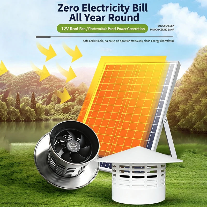 110mm Solar Stainless Steel Chimney Cap & Exhaust Vent + 12W Panel Solar Exhaust Vent Cap QXL