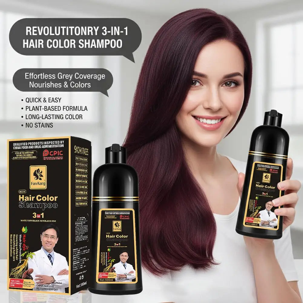 3-in-1 Black Hair Dye Shampoo | Gray Coverage 500ml Herbal Hair Dye Shampoo QXL
