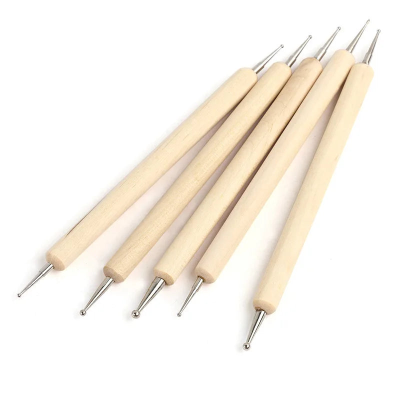 5-Pc Double-Headed Nail Art Dotting Pen Set | Wooden Handle Nail Art Dotting Tools QXL