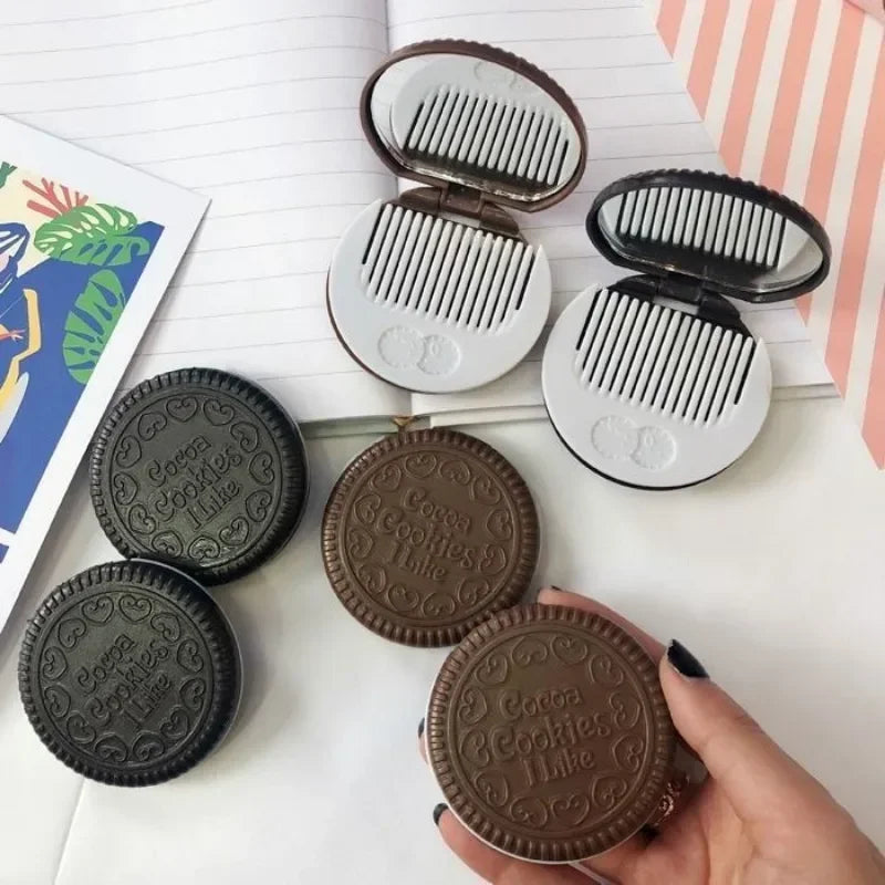 Kawaii Chocolate Biscuit Folding Pocket Mirror with Comb Compact Pocket Mirror QXL