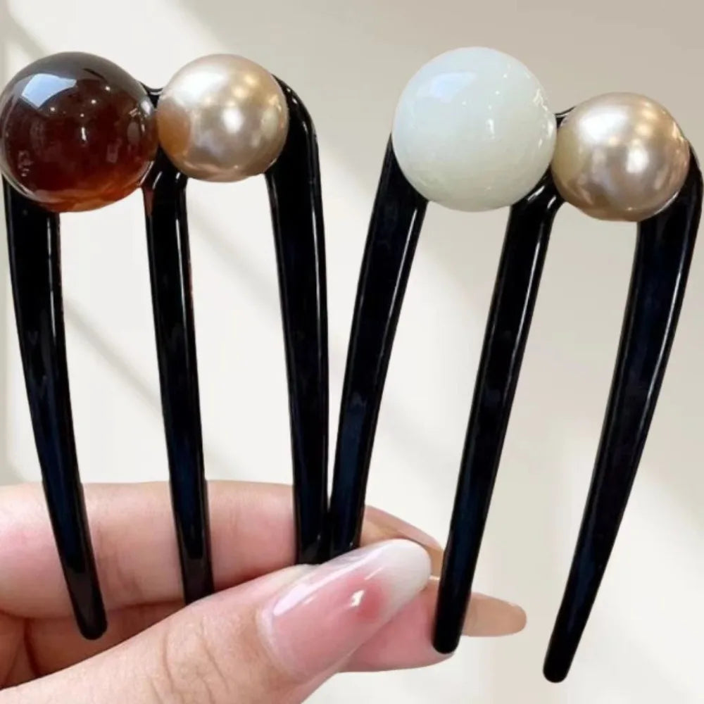 Pearl Bead U-Shape Hair Stick | Vintage Tortoise Bun Pin Hair Bun Pin QXL