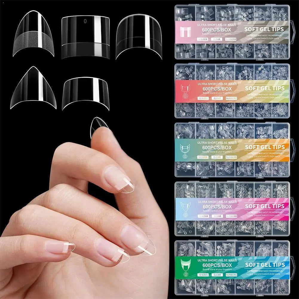 600-Piece Short Half-Cover Clear Nail Tips | 12 Sizes DIY Set False Nail Tips QXL