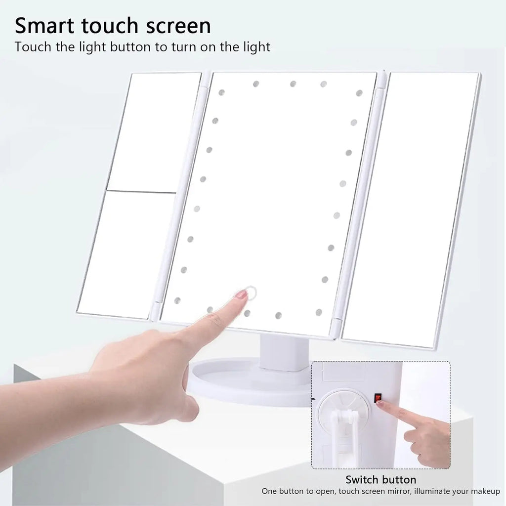 Lighted Trifold Makeup Mirror 1X 2X 3X Magnification Touch Lighted Vanity Mirror QXL
