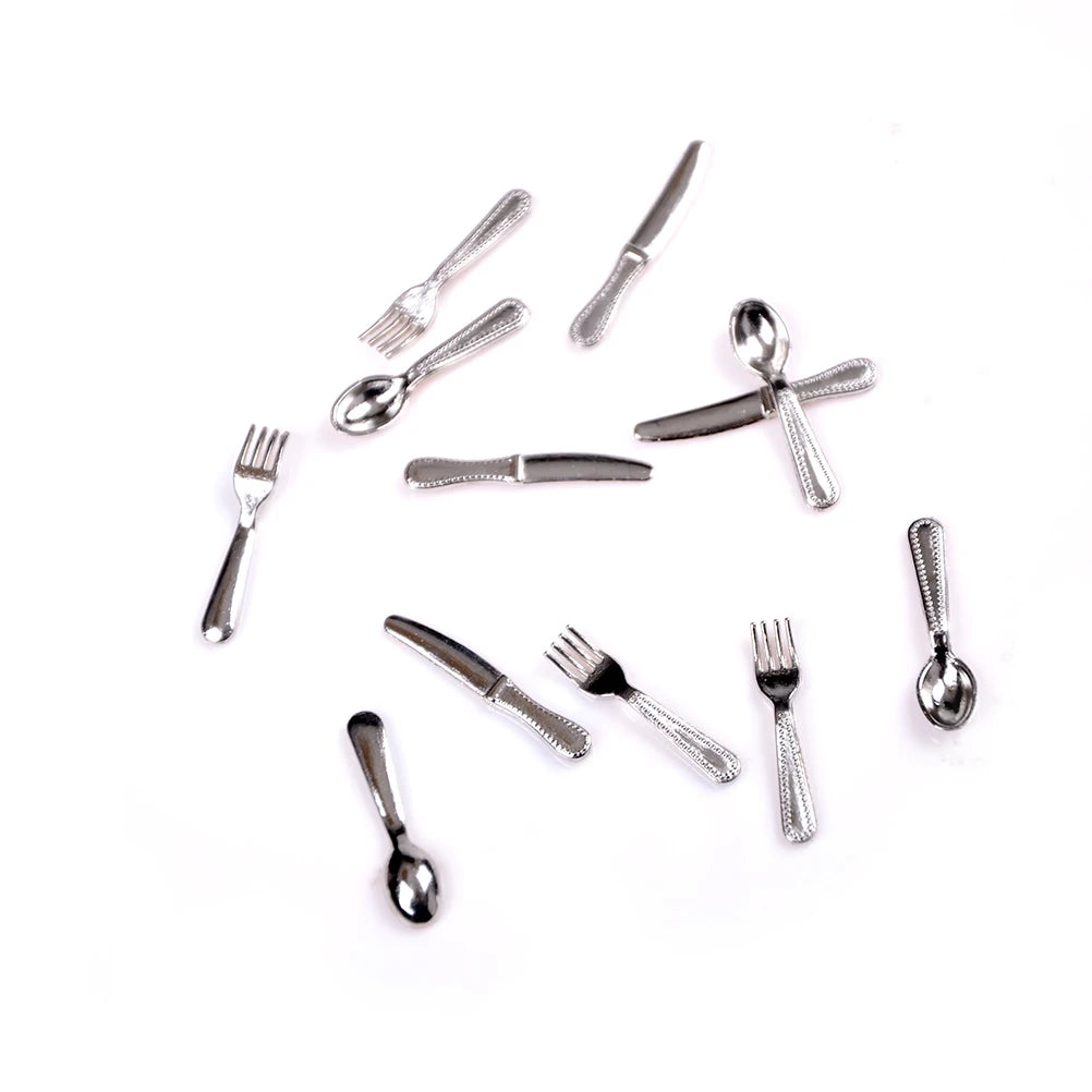 12-Pc Miniature Dollhouse Cutlery Set | Metal Fork & Spoon Dollhouse Accessories QXL