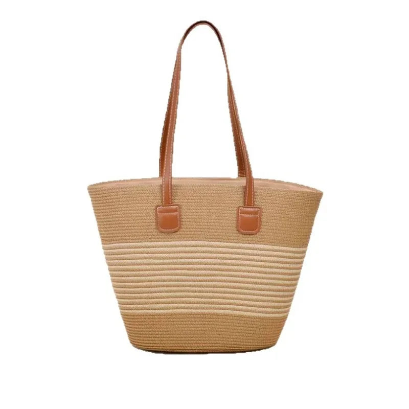 Large Woven Straw Tote Bag | Beach Shoulder Bag Zip Top Woven Straw Tote QXL