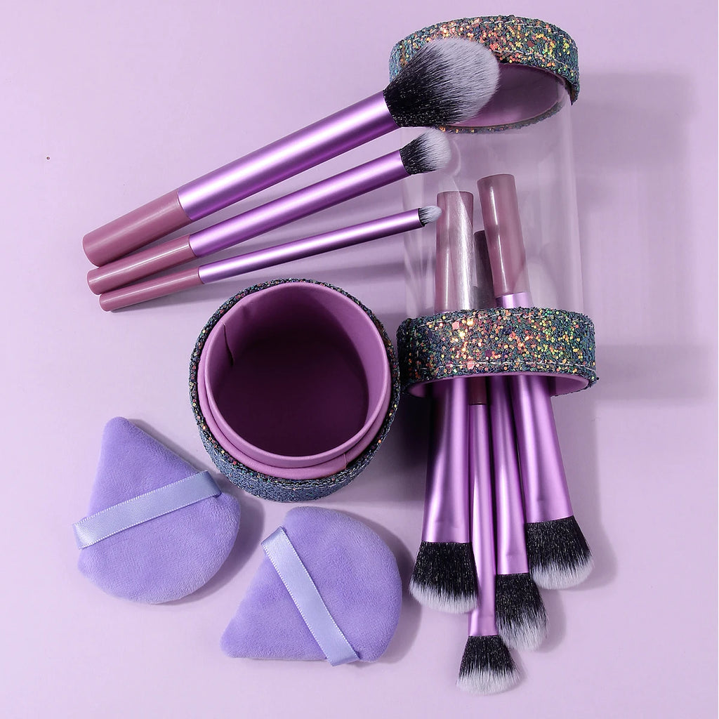 10-Pc Purple Makeup Brush Set with Powder Pads & Storage Makeup Brush Set QXL