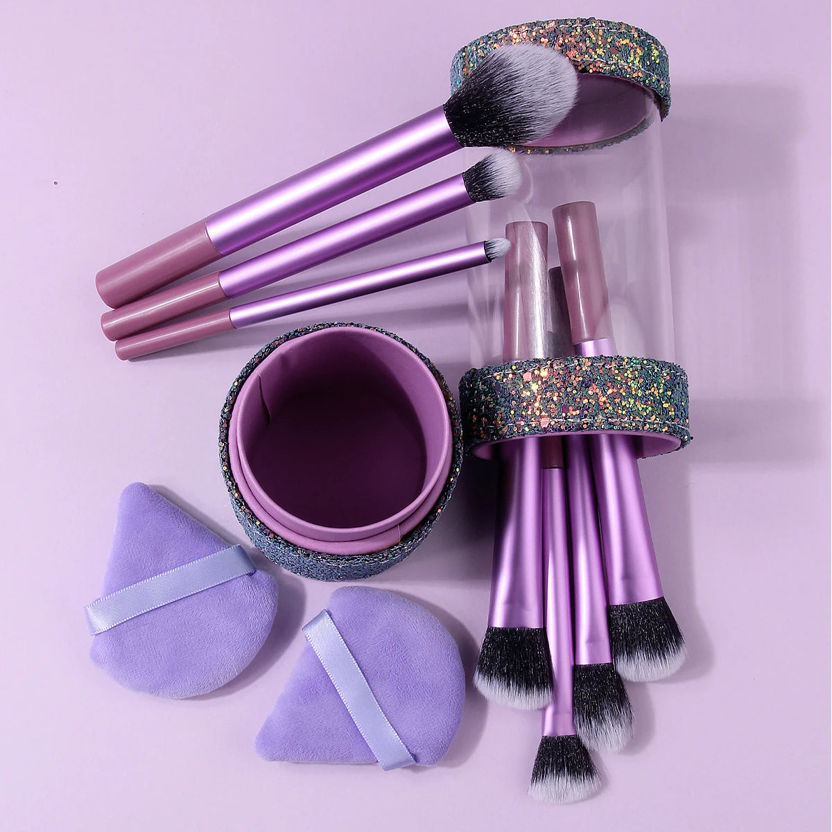 10-Pc Purple Makeup Brush Set with Powder Pads & Storage Makeup Brush Set QXL