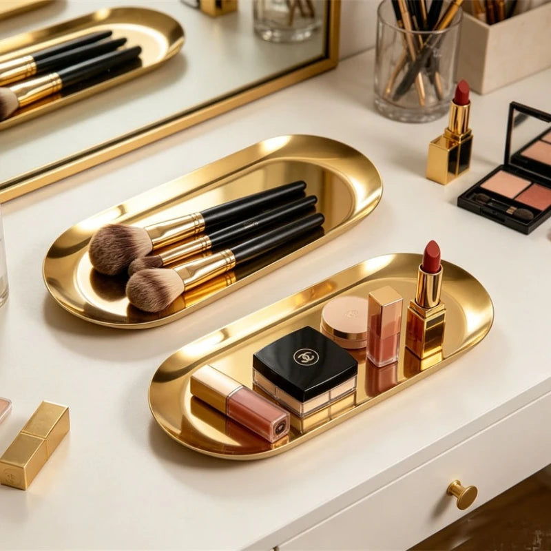 Gold Oval Stainless Steel Makeup Organizer Tray Set Makeup Organizer Tray QXL