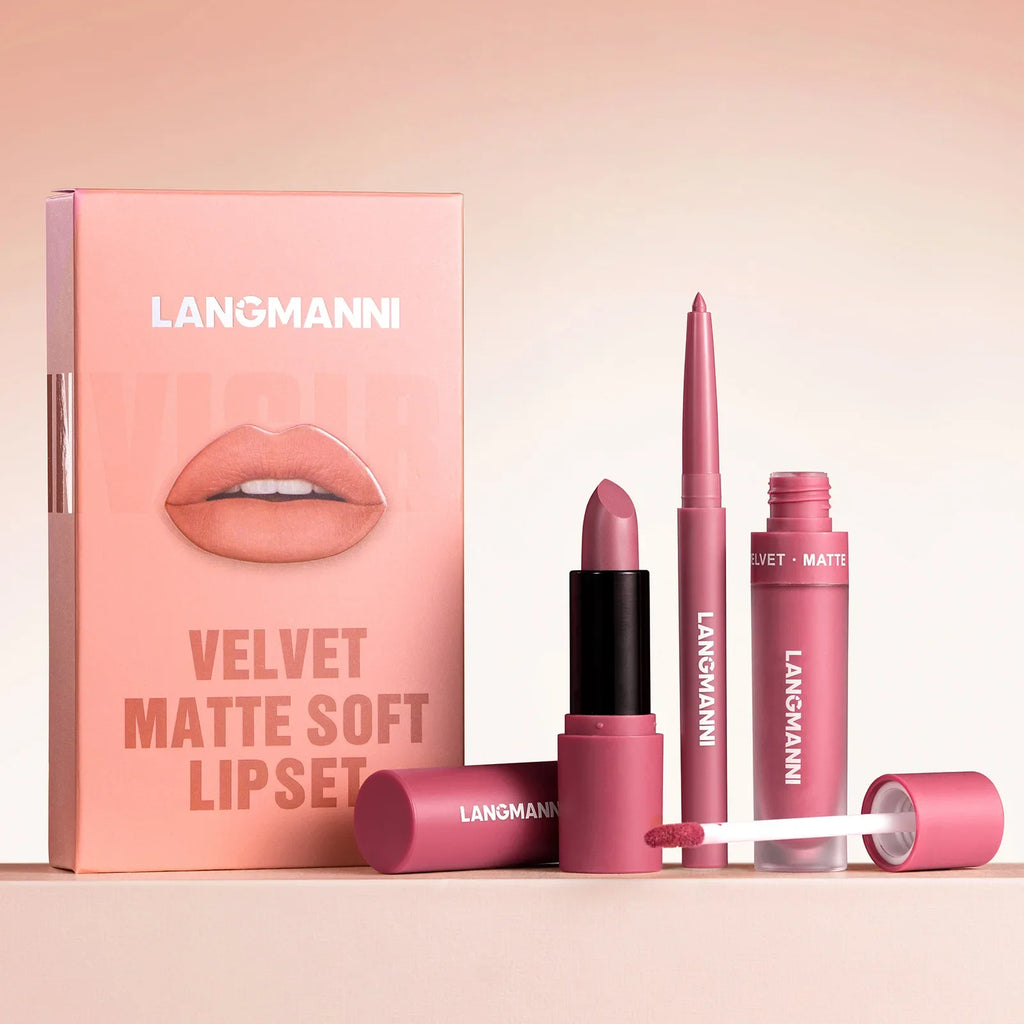 LANGMANNI 3-Pc Waterproof Matte Lip Kit – Liner & Lipstick Set Lip Makeup Kit QXL