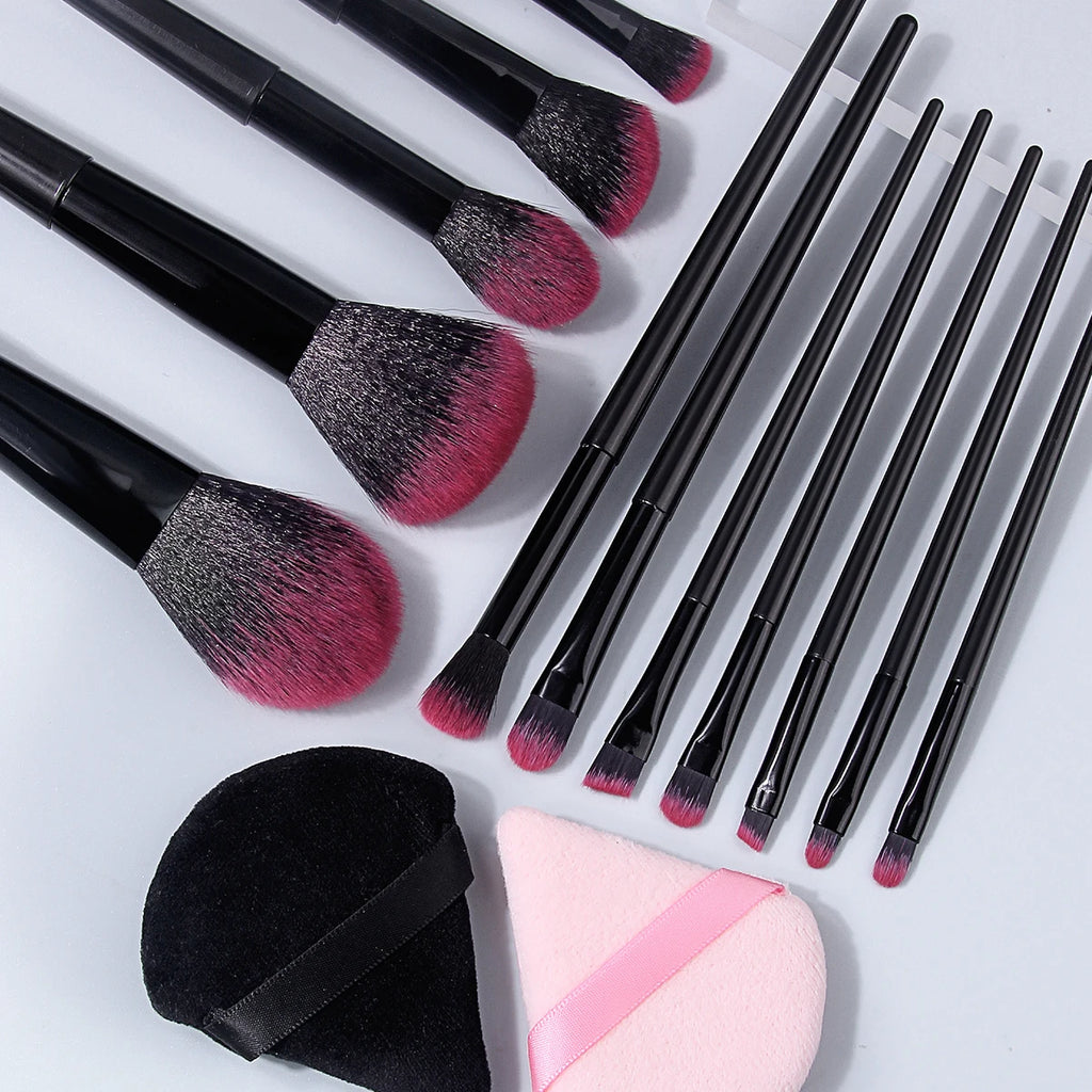 KOSSHOW 14-Pc Makeup Brush Set with Powder Puffs – Pink & Black Makeup Brush Set QXL