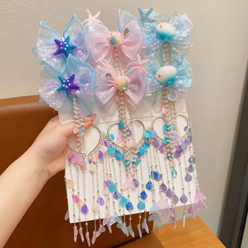 Kids Mermaid Pearl Fairy Hair Clips | Tassel Forehead Chain Kids Hair Clips QXL