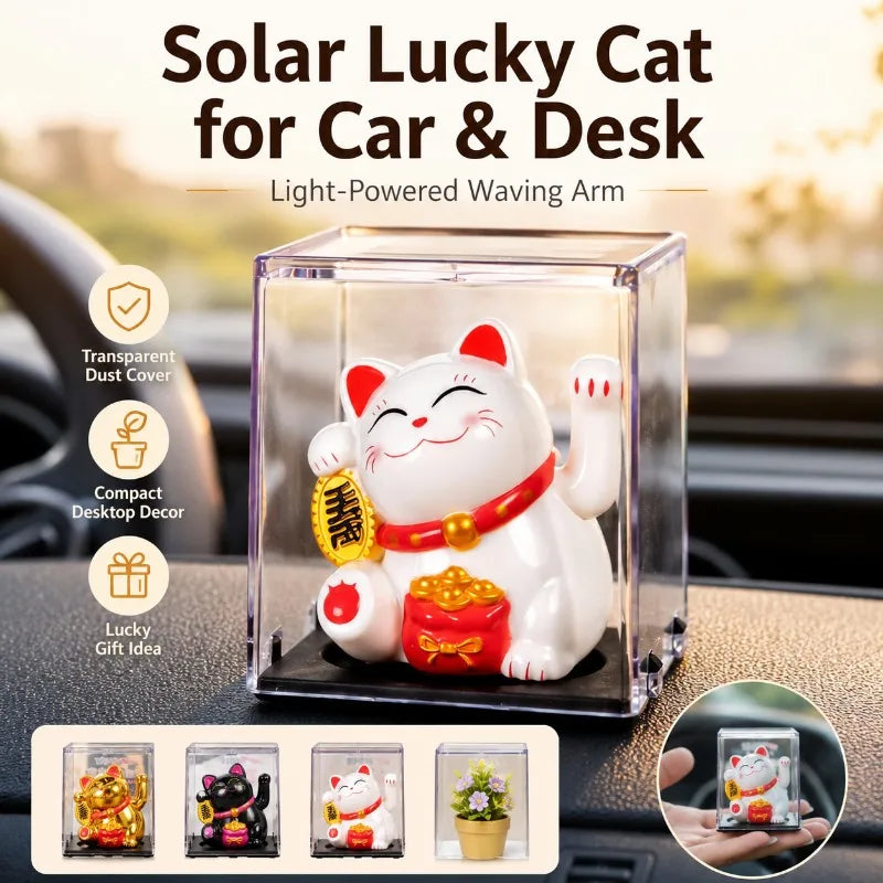Solar Maneki Neko Lucky Cat Waving Ornament – Car & Desk Decor Novelty Desk Ornament QXL