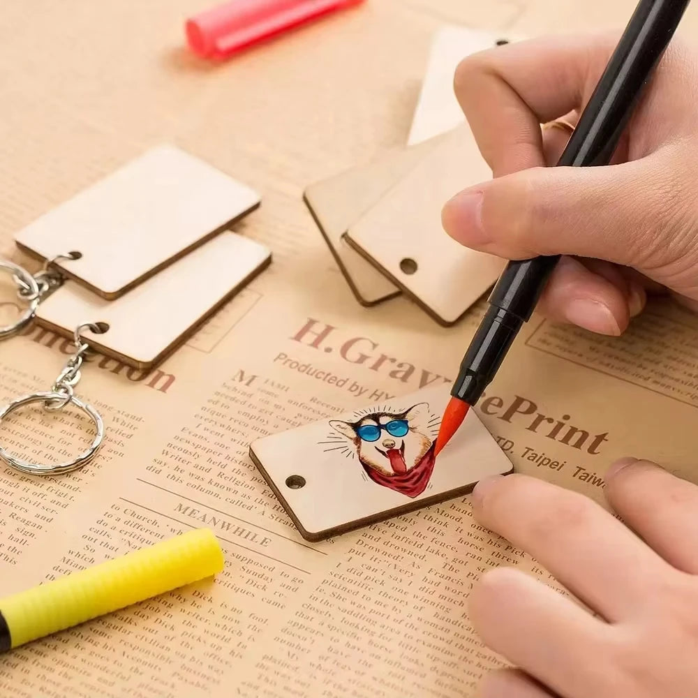 60-Pack Blank Wooden Keychains | DIY Rectangular Key Tags DIY Craft Kit QXL