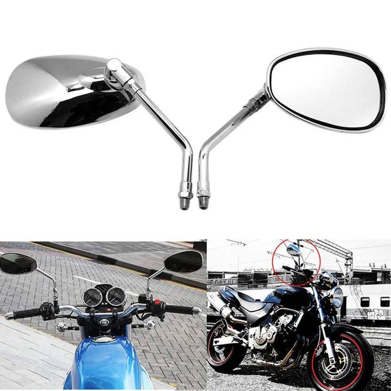 Chrome Oval Retro Motorcycle Mirrors | 10mm Thread Pair Motorcycle Side Mirrors QXL