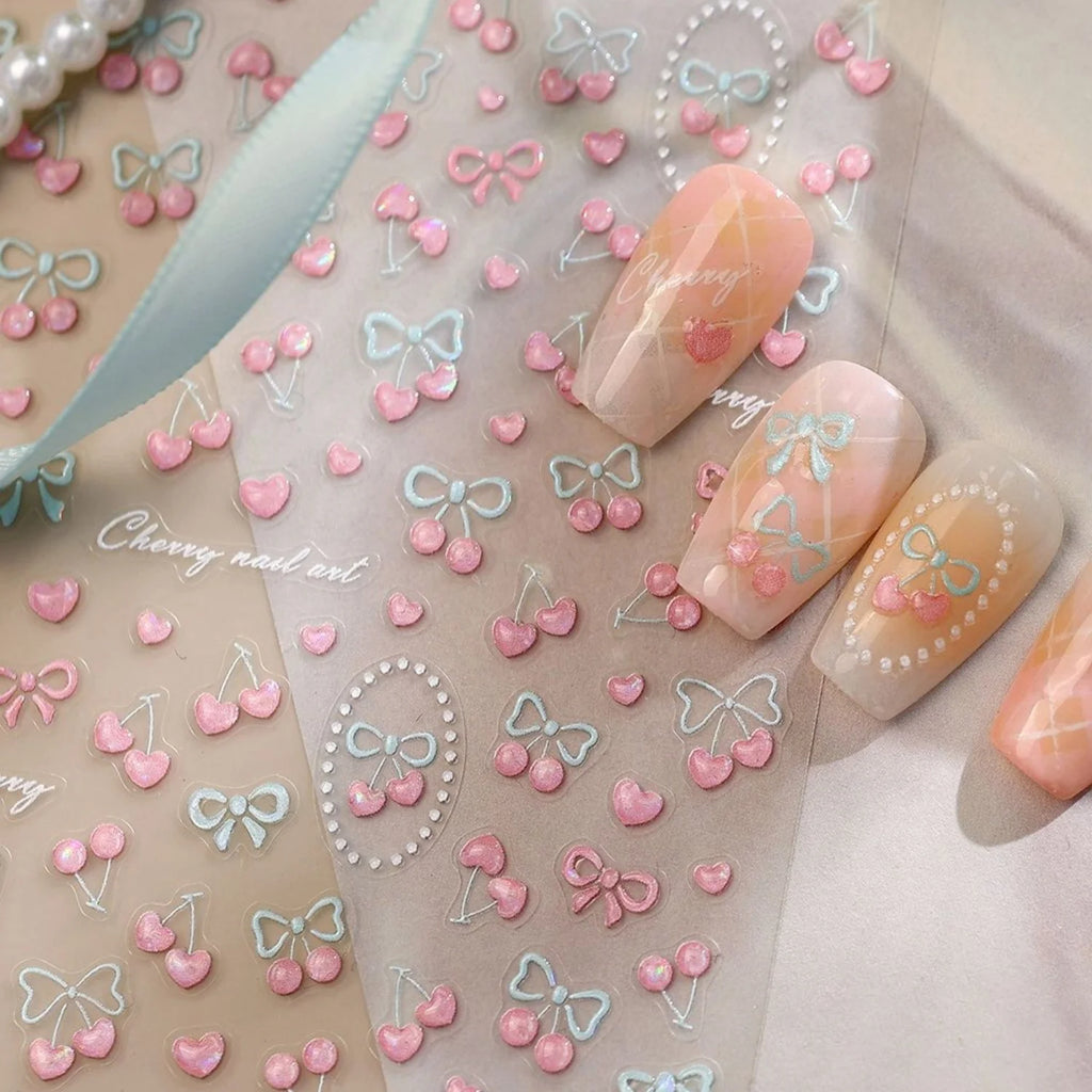 5D Bowknot Cherry Nail Art Stickers – Pearl Glitter Decals Nail Art Stickers QXL