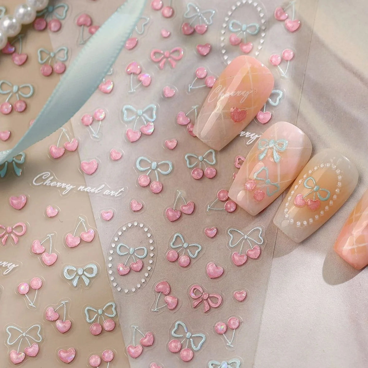 5D Bowknot Cherry Nail Art Stickers – Pearl Glitter Decals Nail Art Stickers QXL