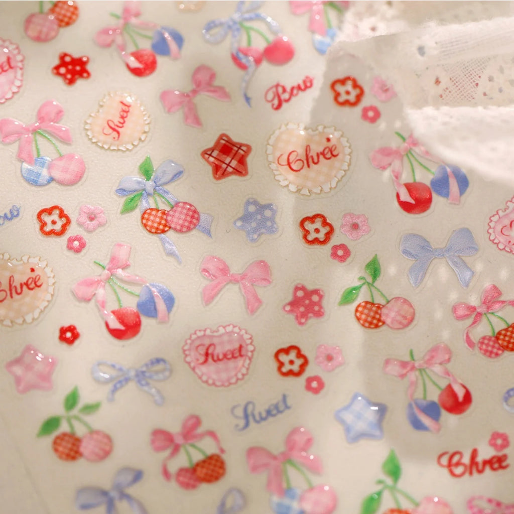 5D Retro French Nail Art Stickers – Cherry, Bow & Lace Decals Nail Art Stickers QXL