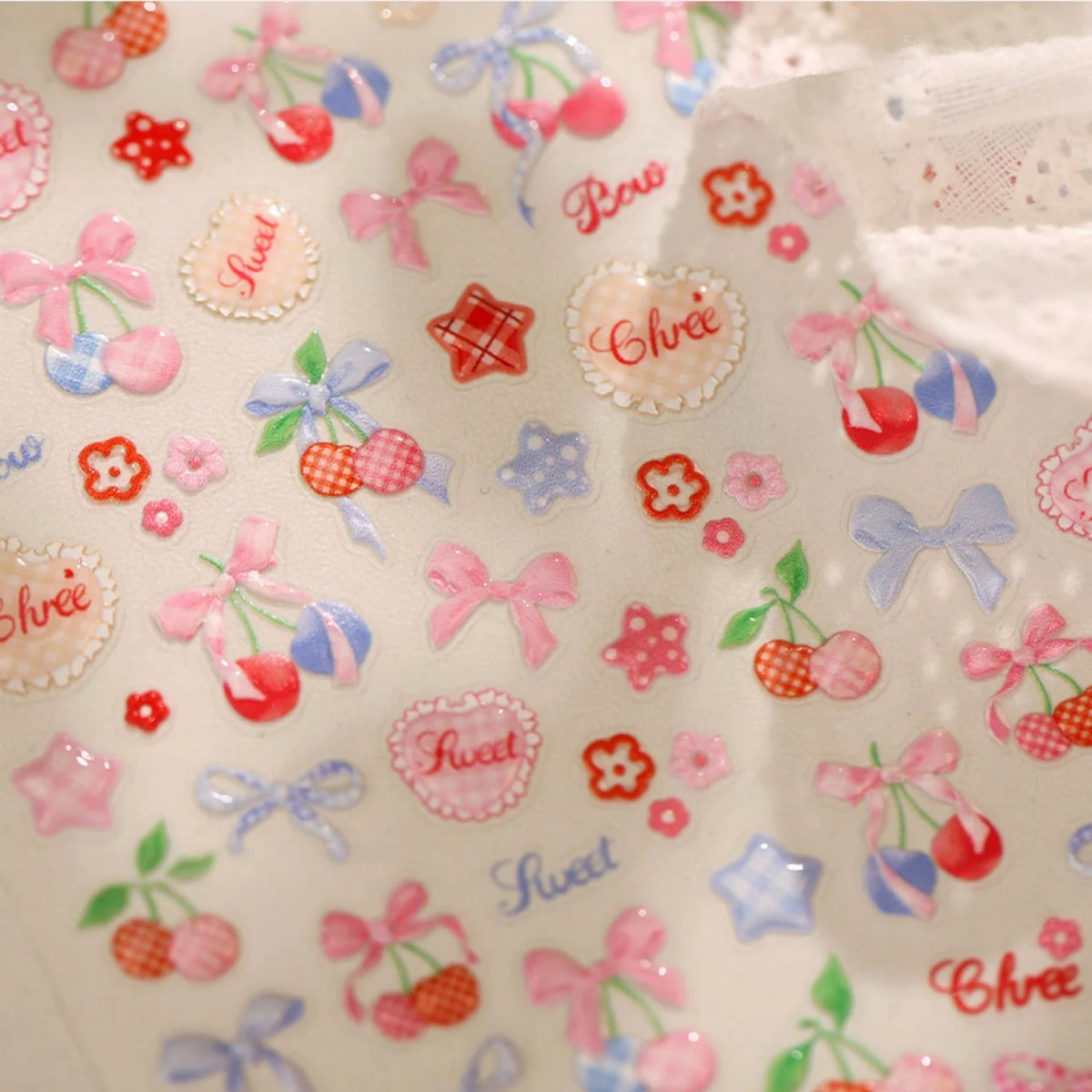 5D Retro French Nail Art Stickers – Cherry, Bow & Lace Decals Nail Art Stickers QXL