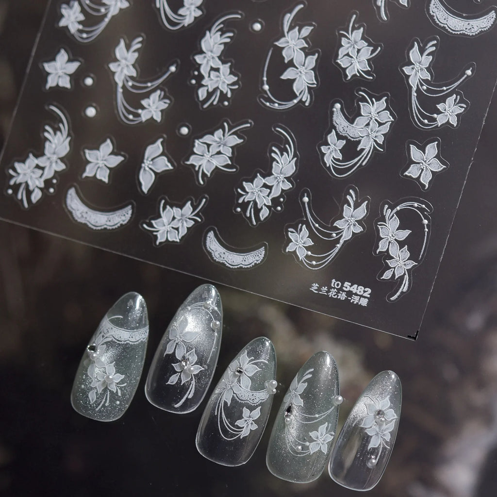 5D White Orchid Nail Stickers | Floral Lace Moon Nail Decals Nail Art Stickers QXL