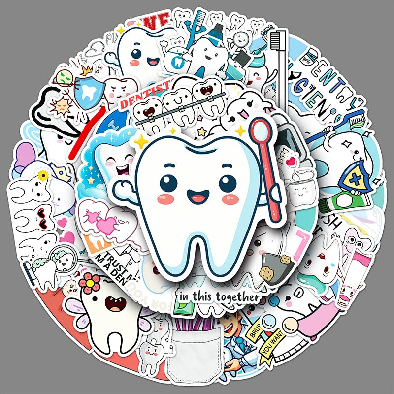 50-Pack Dental Tooth Cartoon Stickers for Kids | Clinic Reward Dental Reward Stickers QXL