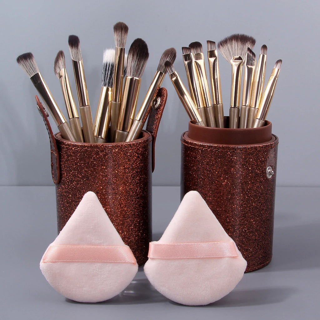 18-Pc Champagne Gold Makeup Brush Set | Glitter Bag & Puffs Makeup Brush Set QXL