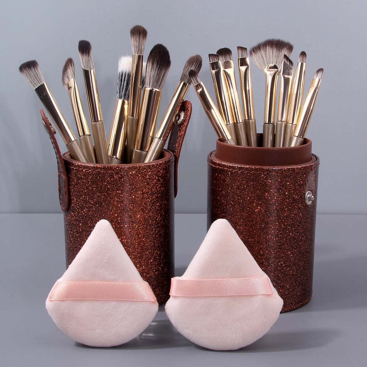 18-Pc Champagne Gold Makeup Brush Set | Glitter Bag & Puffs Makeup Brush Set QXL