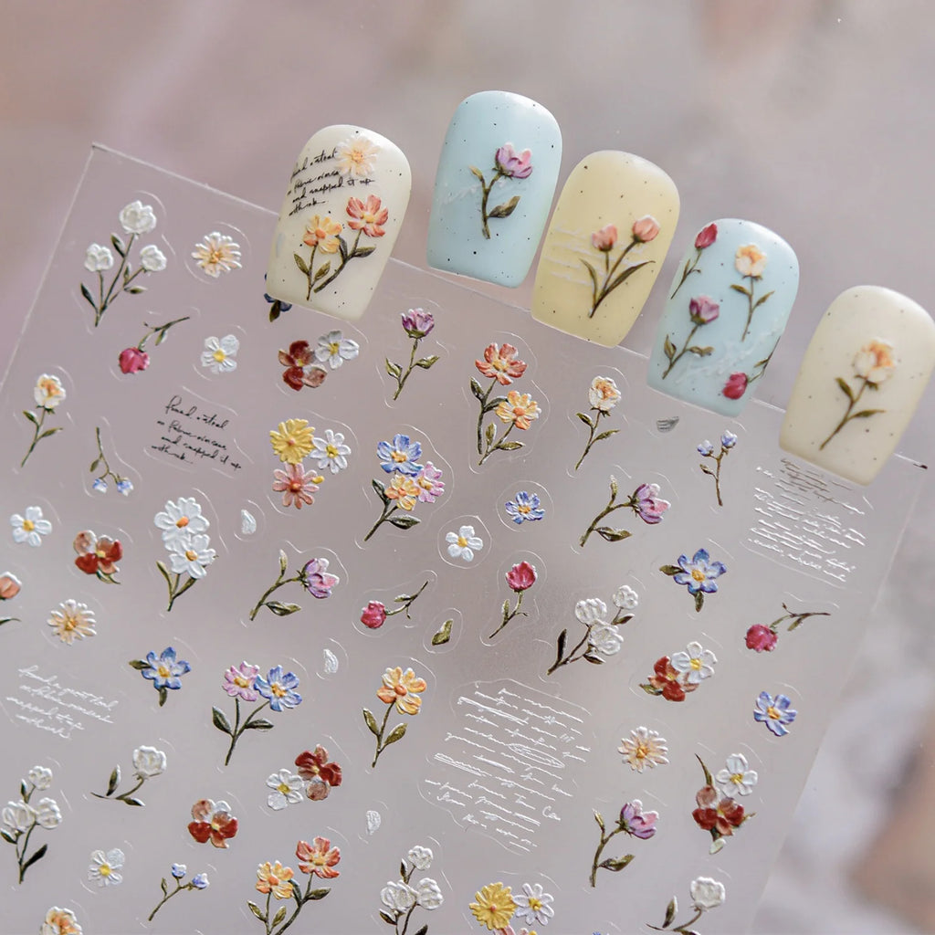 5D Pressed Flower Nail Art Stickers | Vintage Floral Decals Nail Art Stickers QXL