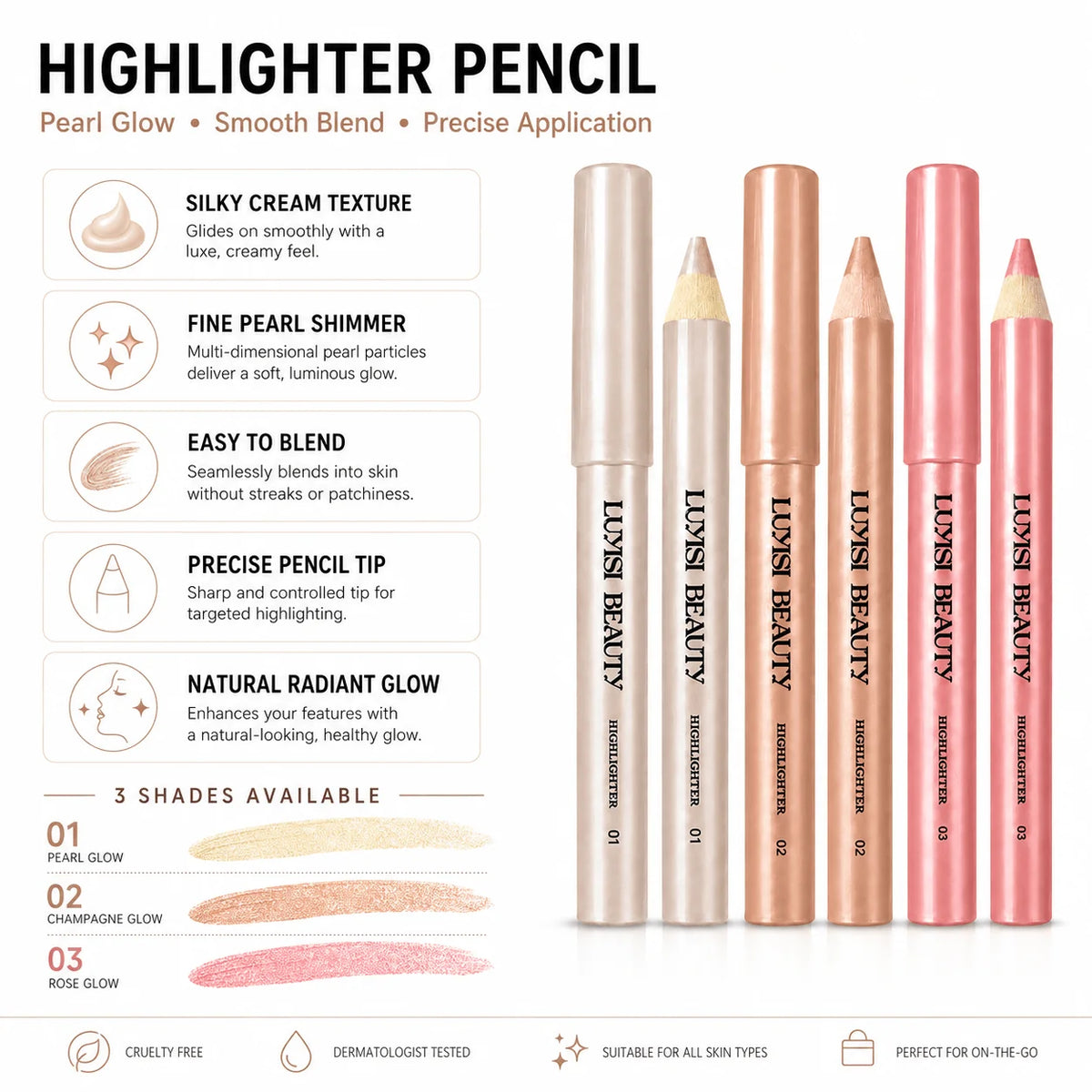 3-Shade Creamy Pearl Highlighter Pencil | Shimmer Glow Stick Highlighter Pencil QXL