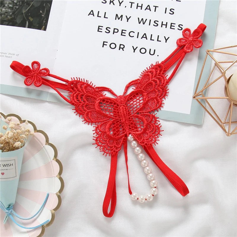 Butterfly Lace Bead Hollow Thong | Women's Lingerie Women's Lace Thong QXL Red one size