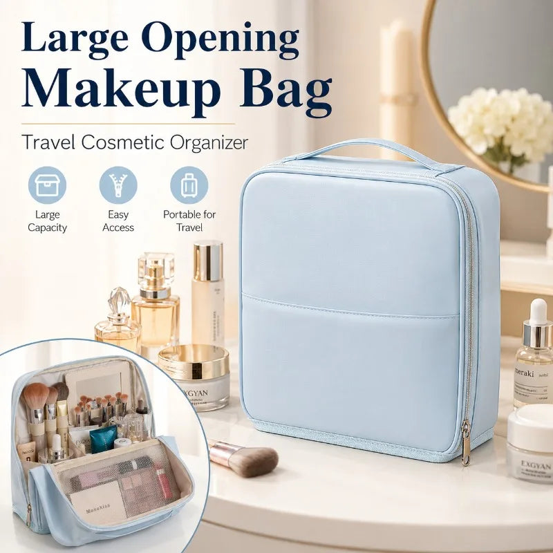Large PU Leather Travel Makeup Bag with Brush Slots | Organizer Travel Makeup Bag QXL