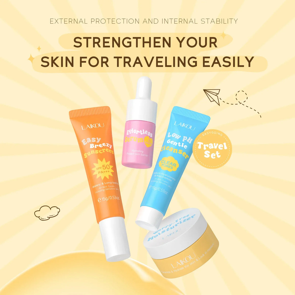 LAIKOU Travel Ceramide Skincare Set | SPF 50, Serum & Cleanser Travel Skincare Set QXL